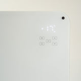 Load image into Gallery viewer, Close up of the temperature and touch settings on the white Designer Electric Glass Panel Heater 1000W With Smart WIFI Alexa and Remote Control