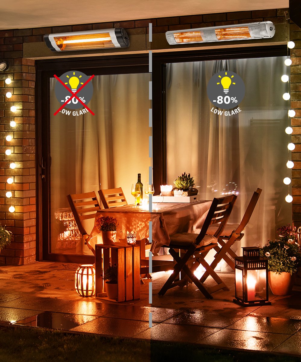 Outdoor stone patio area at night lit with fairy lights surrounding a wooden table with a set of four chairs. A side by side image is seen comparing the -80% low glare of the KMH-30R 3KW Infrared Wall Mounted Outdoor Garden Heater to a competitor brand.