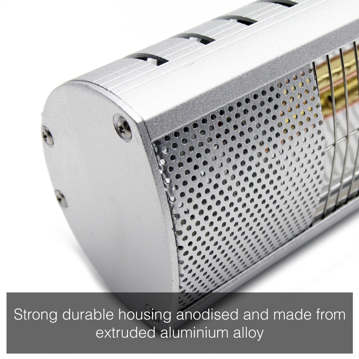 Close up of the silver KMH-30R 3KW Infrared Wall Mounted Outdoor Garden Heater's casing with the caption "strong durable housing anodised and made from extruded aluminium alloy"