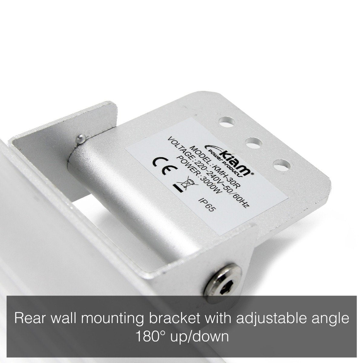 Close up of the KMH-30R 3KW Infrared Wall Mounted Outdoor Garden Heater's wall mounting bracket with the caption "rear wall mounting bracket with adjustable angle 180 degrees up/down"