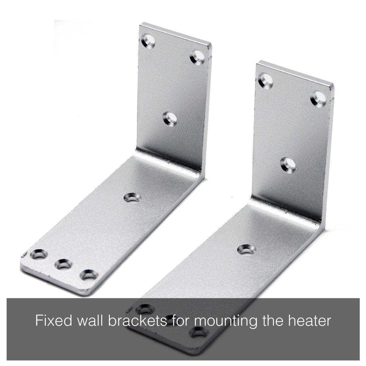 Photograph of two outdoor garden heater wall brackets against a white background with the caption "fixed wall brackets for mounting the heater"