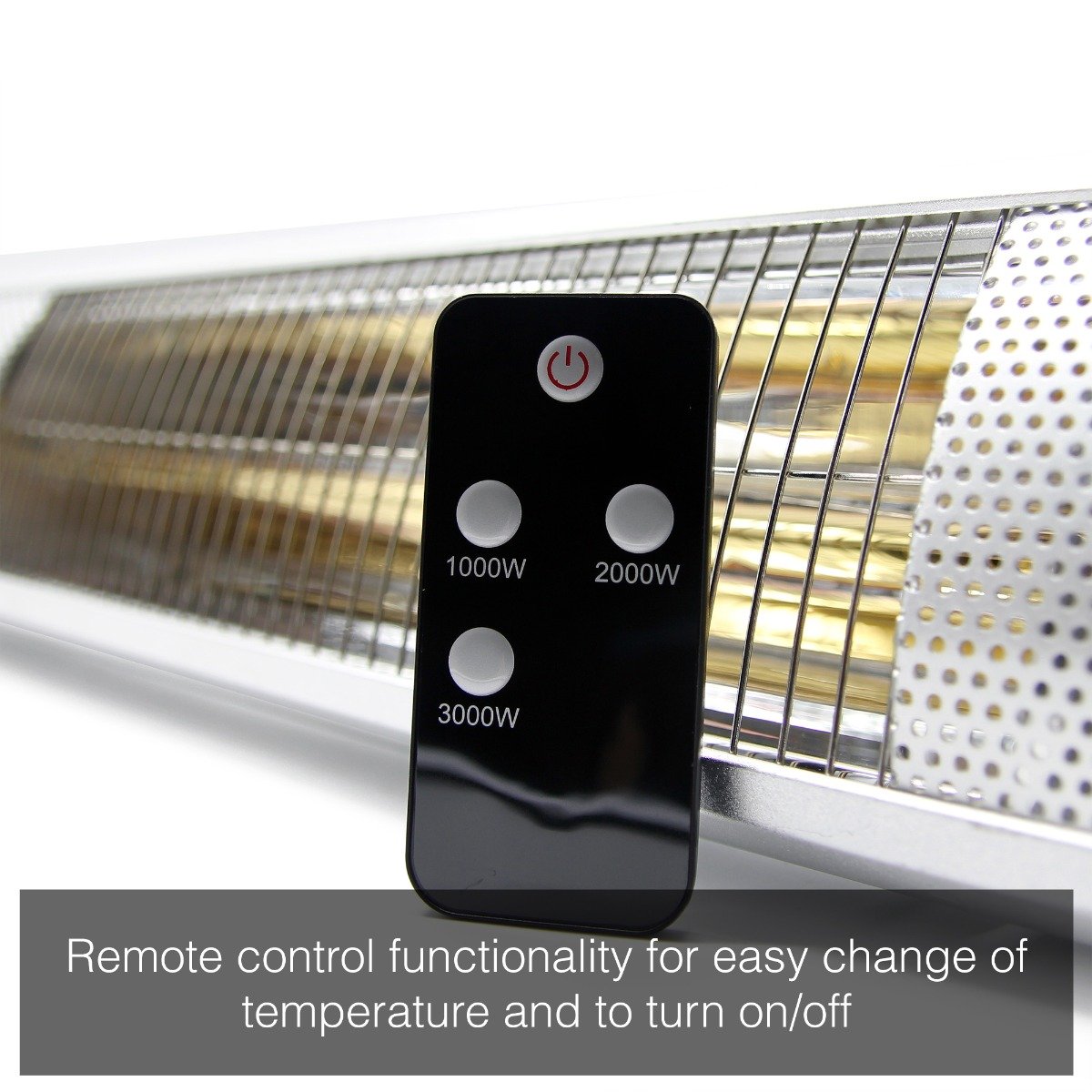 Close up of the KMH-30R 3KW Infrared Wall Mounted Outdoor Garden Heater's black remote controller with the garden heater in the background and the caption "remote control functionality for easy change of temperature and to turn on/off"