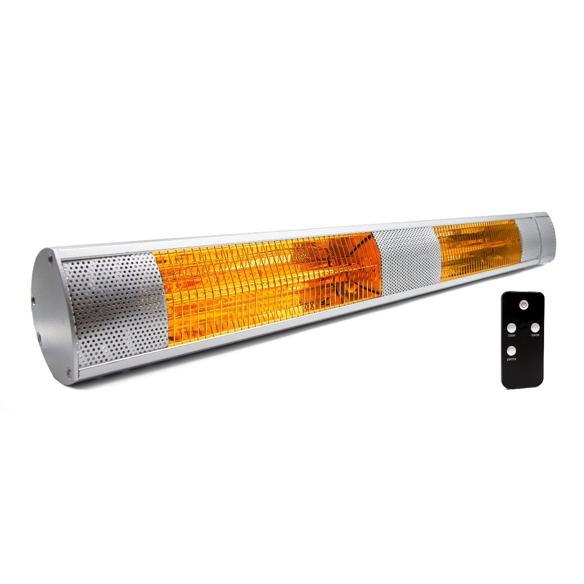 Silver KMH-30R 3KW Infrared Wall Mounted Outdoor Garden Heater with its black remote against a white background