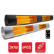 Black and silver KMH-30R 3KW Infrared Wall Mounted Outdoor Garden Heaters with their accompanying black remote control in front of a white background with red icons promoting the heaters' 3KW power, IP65 and remote control functionability
