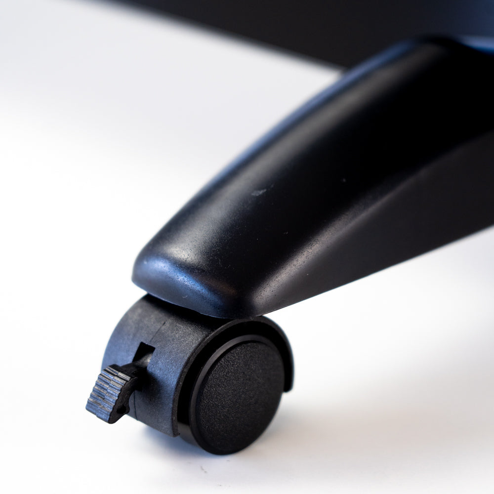 Close up of the portable wheels on the black Designer Electric Glass Panel Heater 1500W With Smart WIFI Alexa and Remote Control
