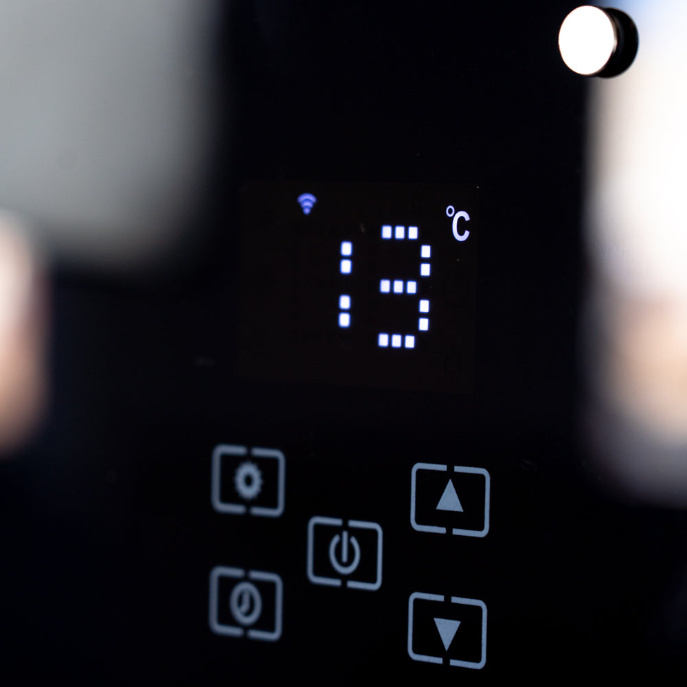 Close up of the temperature and touch settings on the black Designer Electric Glass Panel Heater 1500W With Smart WIFI Alexa and Remote Control