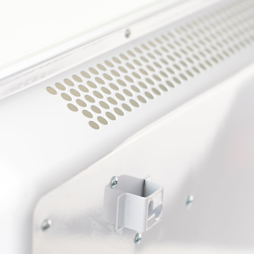 Close-up of the air vents on the white Designer Electric Glass Panel Heater 1500W With Smart WIFI Alexa and Remote Control