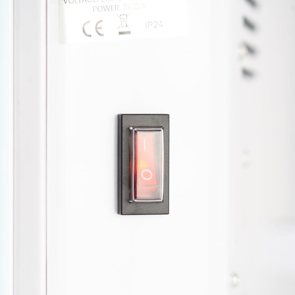 Close up of the on and off red LED switch on the white Designer Electric Glass Panel Heater 1500W With Smart WIFI Alexa and Remote Control