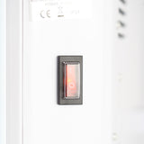 Load image into Gallery viewer, Close up of the on and off red LED switch on the white Designer Electric Glass Panel Heater 1500W With Smart WIFI Alexa and Remote Control