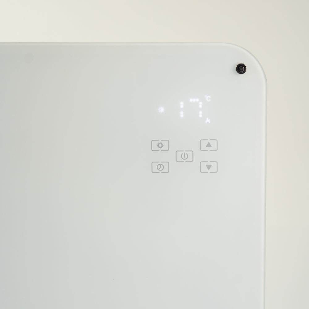 Close up of the temperature and touch settings on the white Designer Electric Glass Panel Heater 1500W With Smart WIFI Alexa and Remote Control