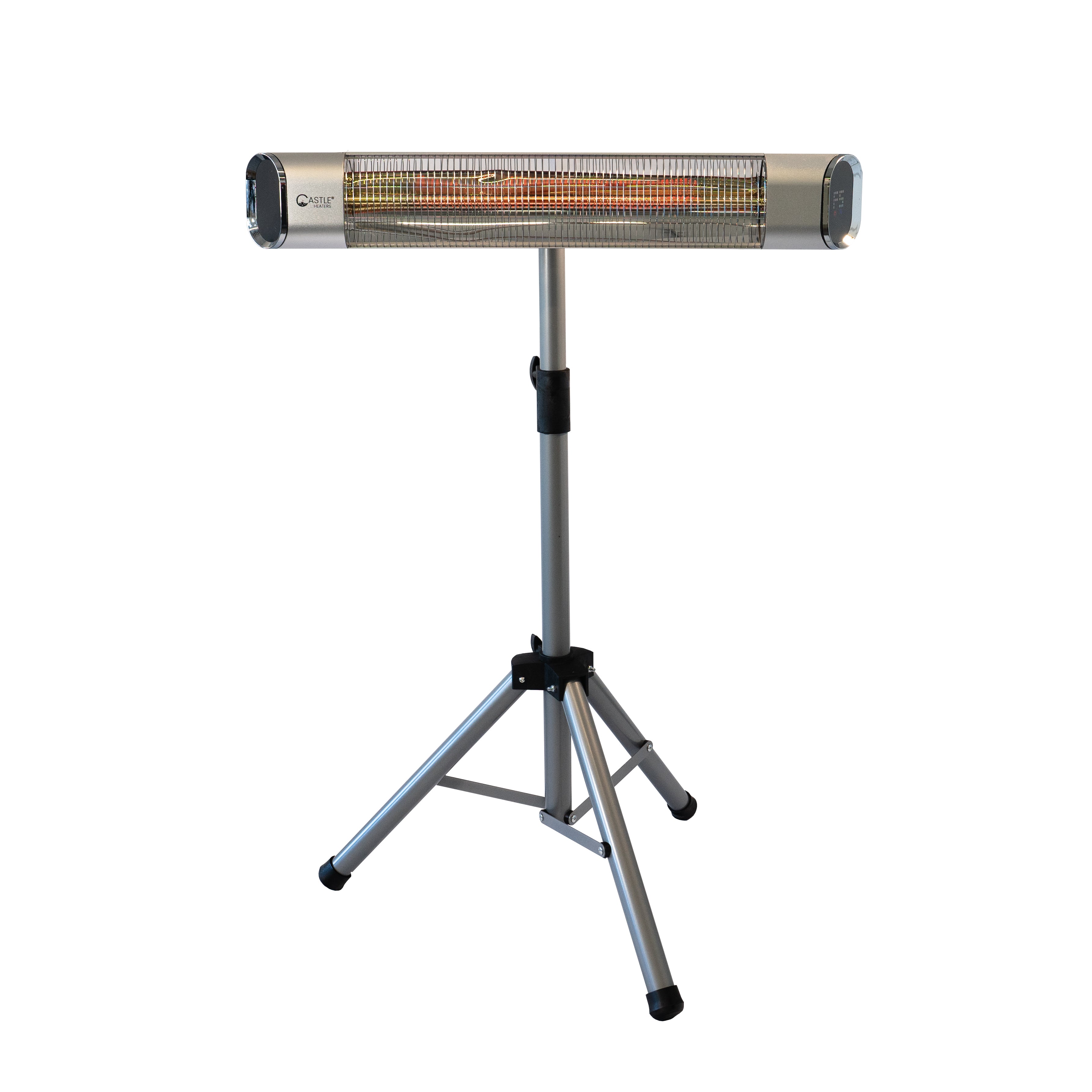 Front facing Silver Nebula 2KW Free Standing Infrared Heater LED Screen against a white background