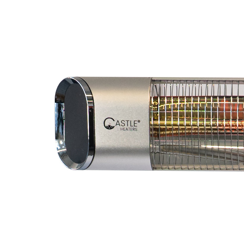 Left side close up of the silver Nebula 2KW Free Standing Infrared Heater