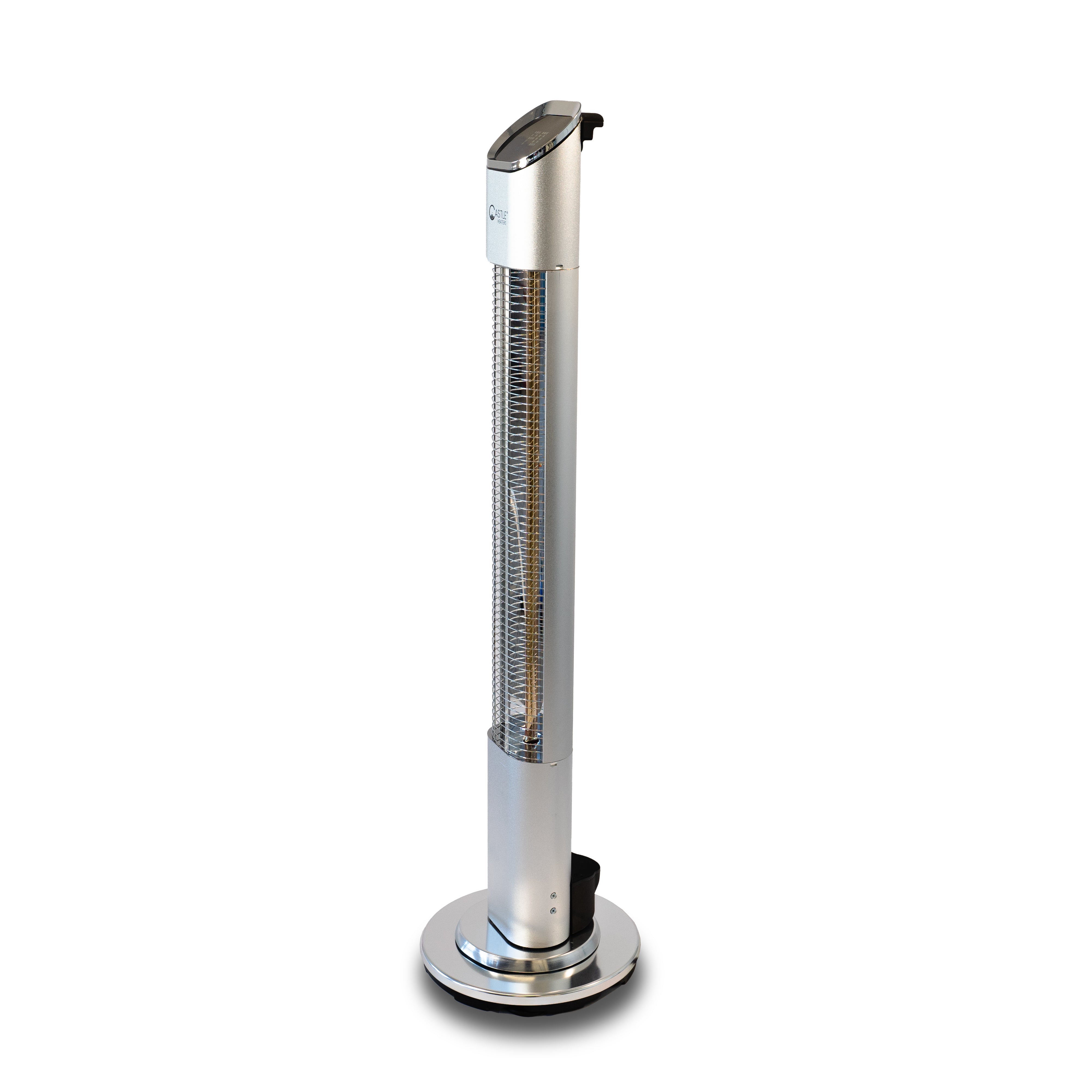 Silver 2KW Rotating Upright Infrared Heater UP-20 with its lamp off and rotated left against a white background