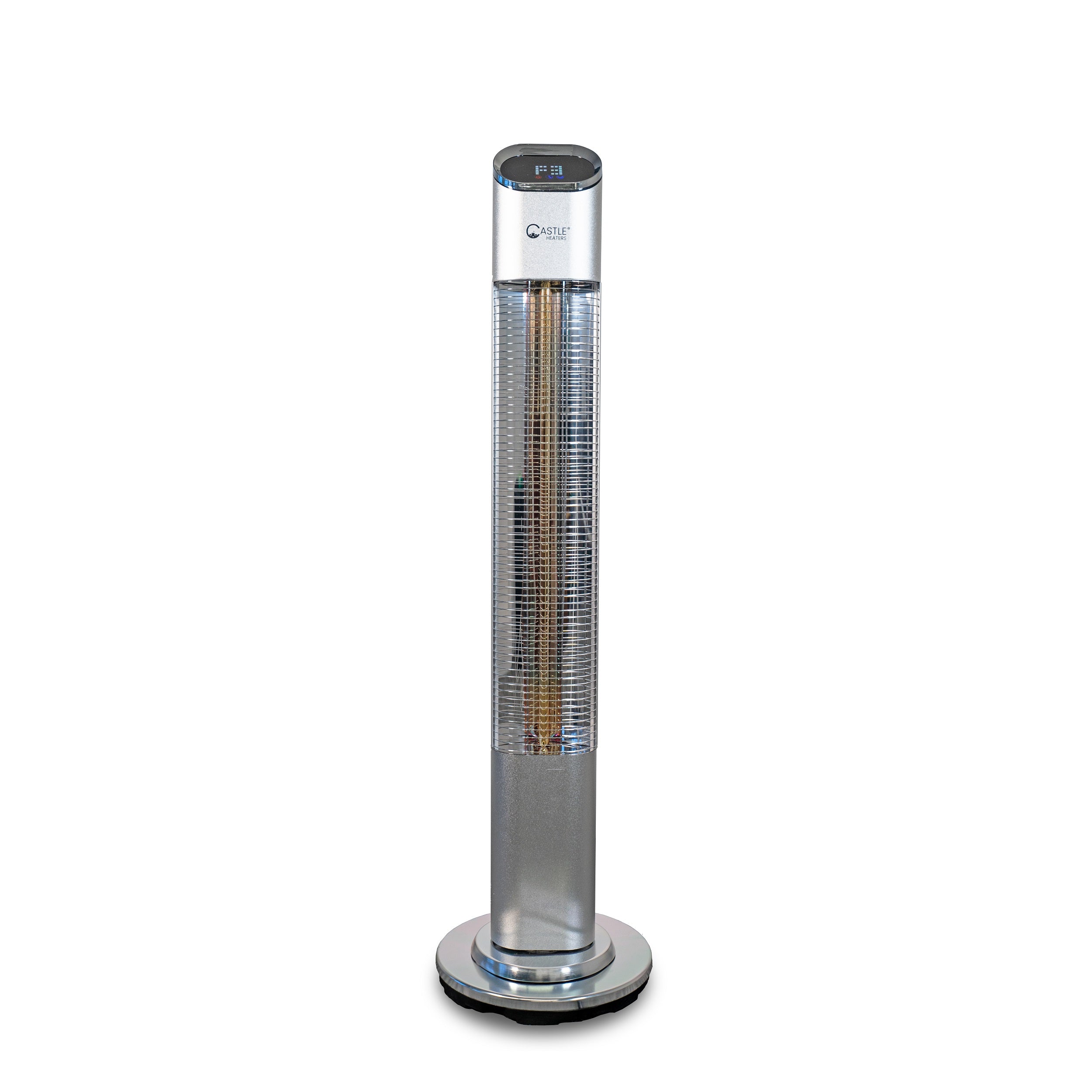 Silver 2KW Rotating Upright Infrared Heater UP-20 with its lamp off against a white background