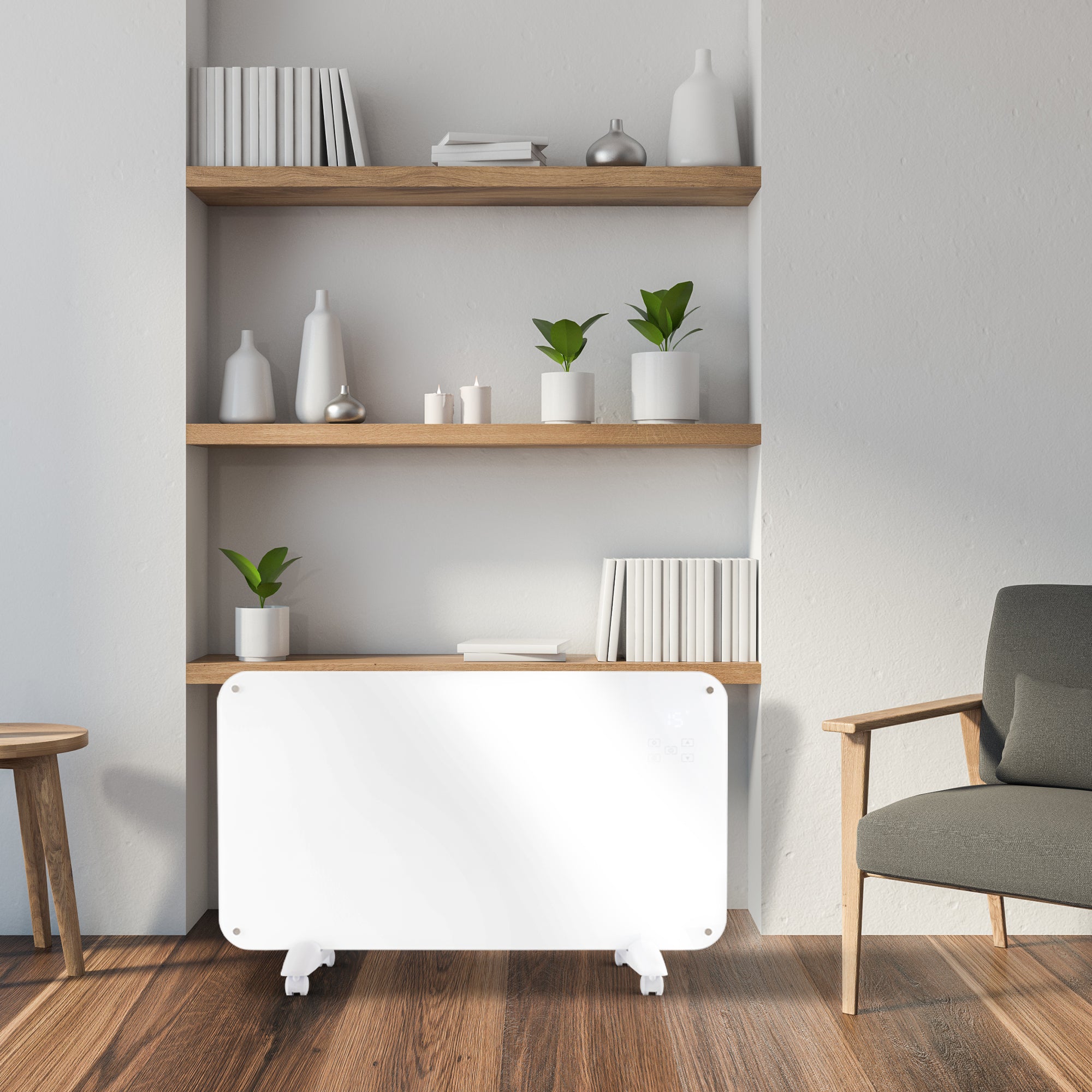 Lifestyle photograph of the white Designer Electric Glass Panel Heater 2000W With Smart WIFI Alexa and Remote Control in a white living room with wooden shelves and white ornaments in the background
