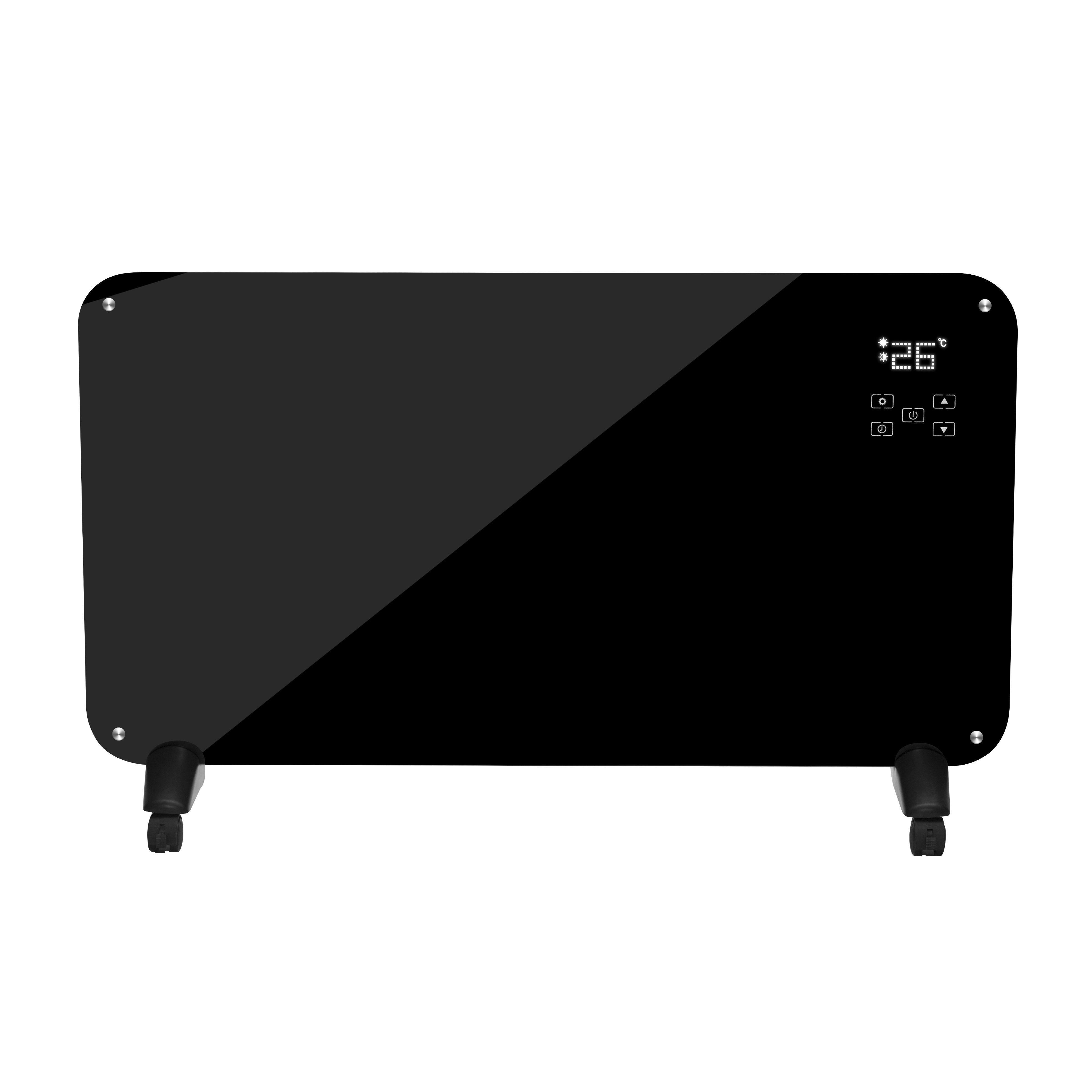 Black Designer Electric Glass Panel Heater 1500W With Smart WIFI Alexa and Remote Control against a white background