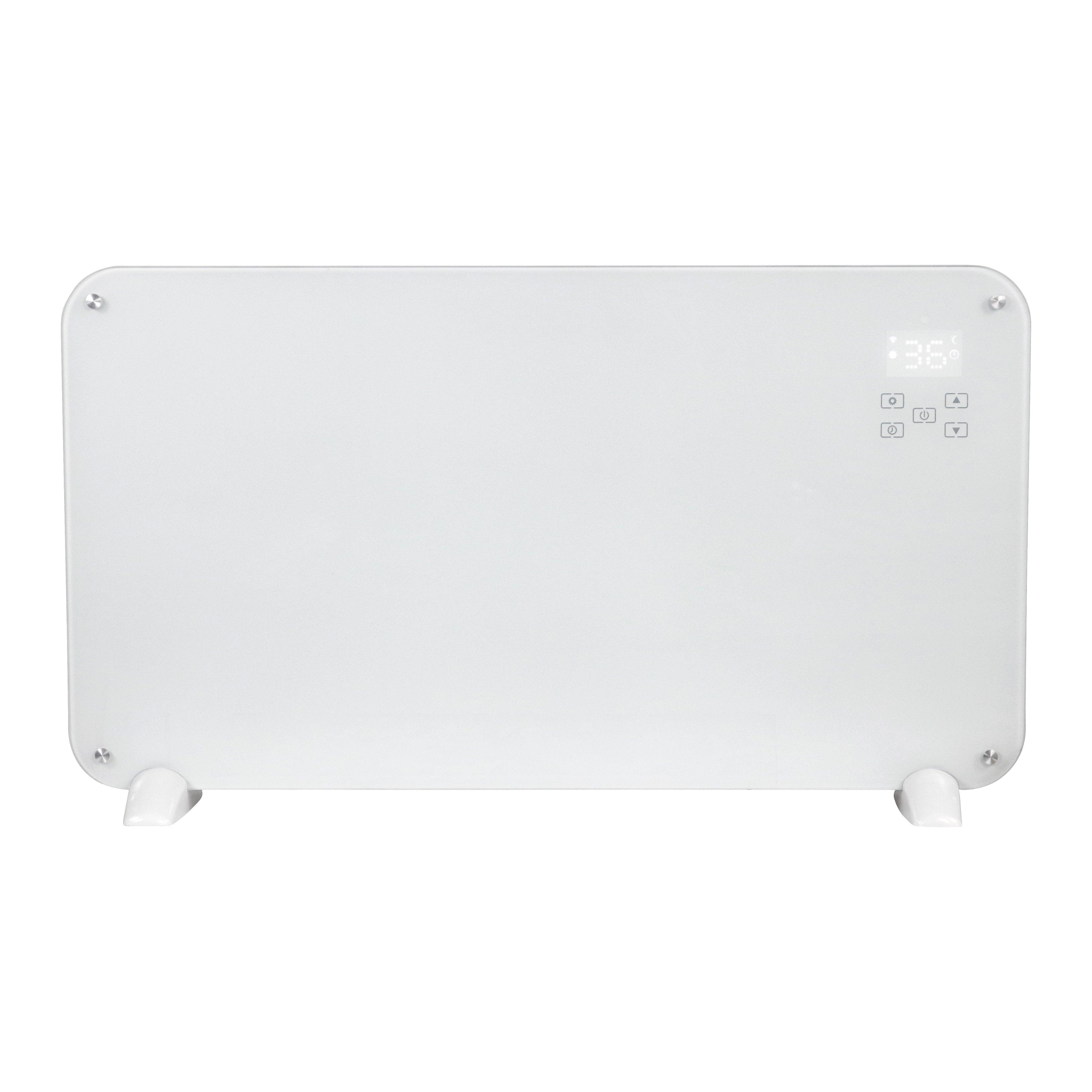 White Designer Electric Glass Panel Heater 2000W With Smart WIFI Alexa and Remote Control against a white background