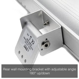 Load image into Gallery viewer, Close up of the Silver KMH-20R 2KW Wall Mounted Infrared Outdoor Heater mounting bracket with the caption &quot;Rear wall mounting bracket with adjustable angle 180 degrees up/down&quot;