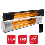 Load image into Gallery viewer, A white background with two KMH-20R 2KW Infrared Outdoor Garden Patio Heater Wall Mounted Heaters in a black and silver finish with red icons highlighting their 2KW power, IP65 and remote functions