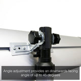 Load image into Gallery viewer, Close up of the KMH-3000R 3KW Free Standing Infrared Heater&#39;s angle adjustment joint tilted downwards with the caption &quot;angle adjustment provides a downwards facing angle of up to 45 degrees&quot;