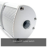 Load image into Gallery viewer, Close up of the silver KMH-30 3KW Infrared Wall Mounted Outdoor Garden Heater&#39;s on/off switch with the caption &quot;side on/off rocker switch&quot;!