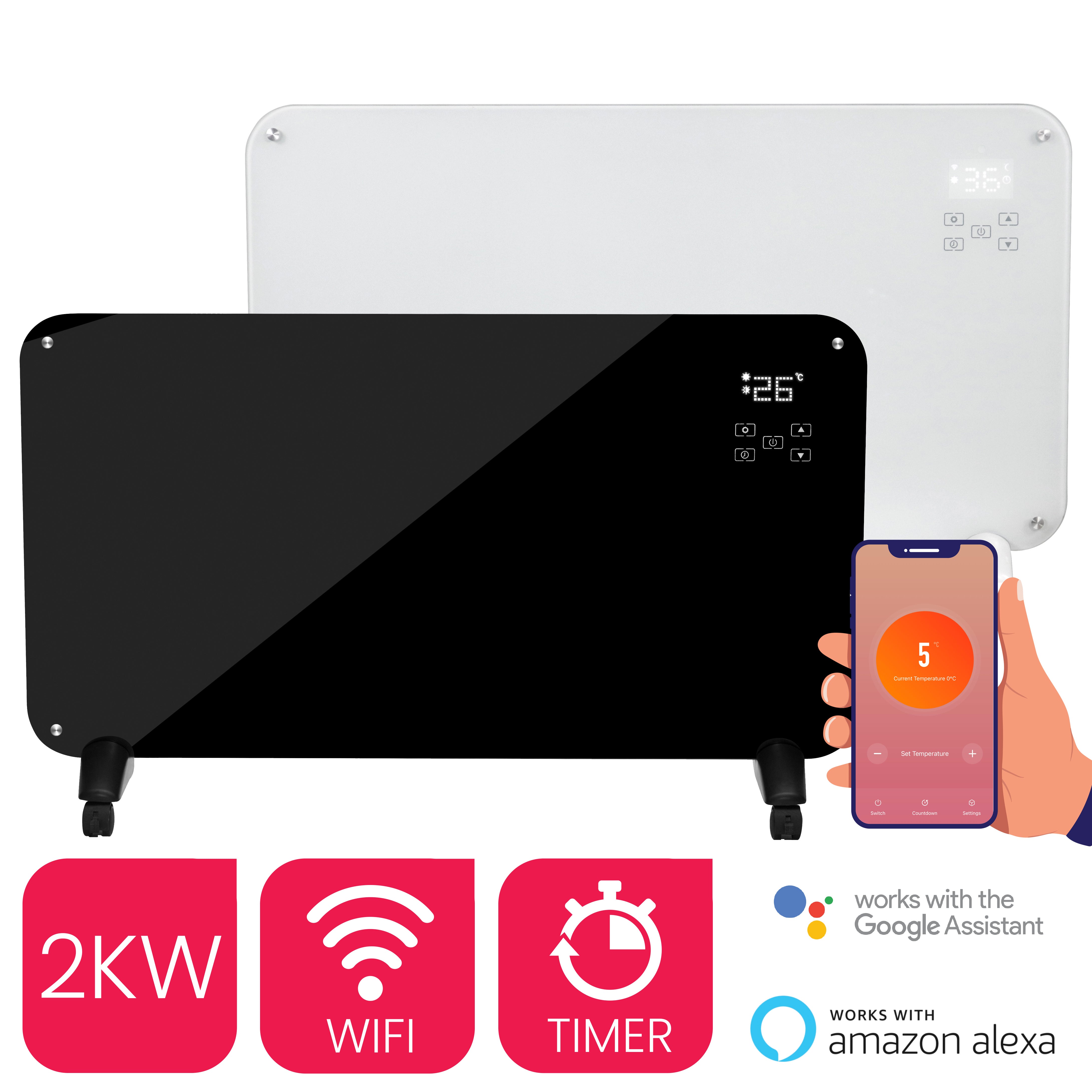 White and black Designer Electric Glass Panel Heater 1000W With Smart WIFI Alexa and Remote Control together against a white background with icons demonstrating its 2KW power, google assistant, wifi and timer features