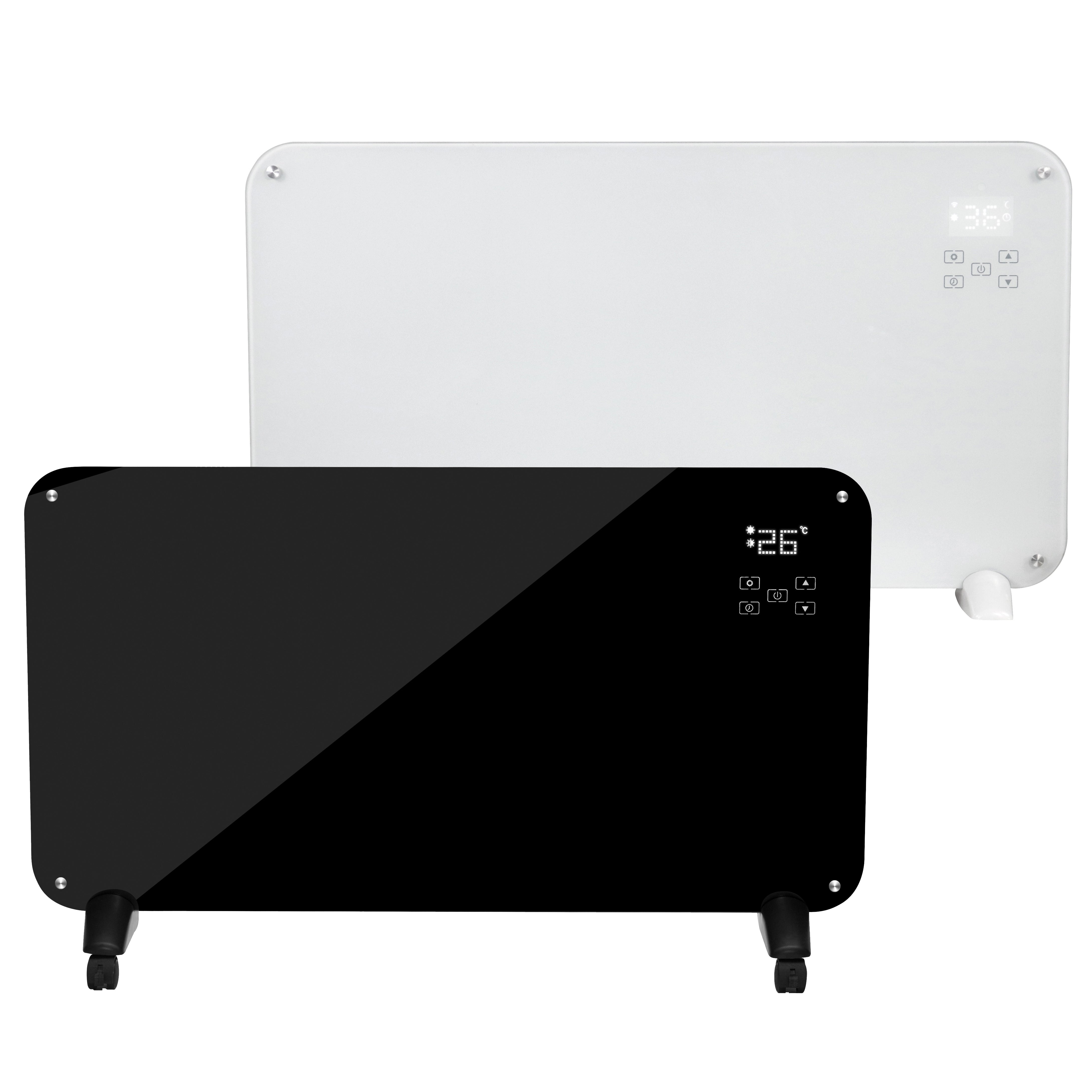 White and black Designer Electric Glass Panel Heater 2000W With Smart WIFI Alexa and Remote Control together against a white background