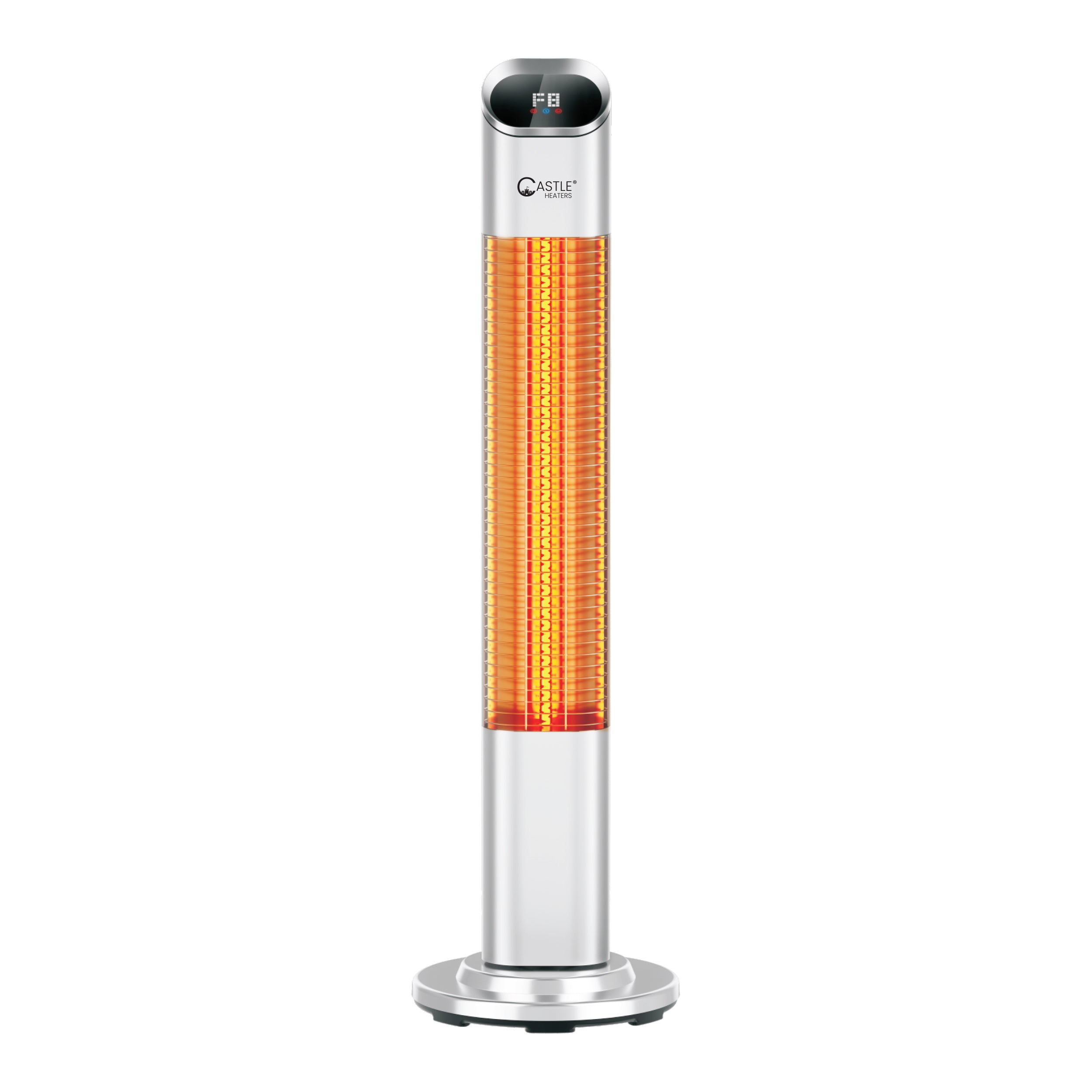 Silver 2KW Rotating Upright Infrared Heater UP-20 with its lamp on against a white background