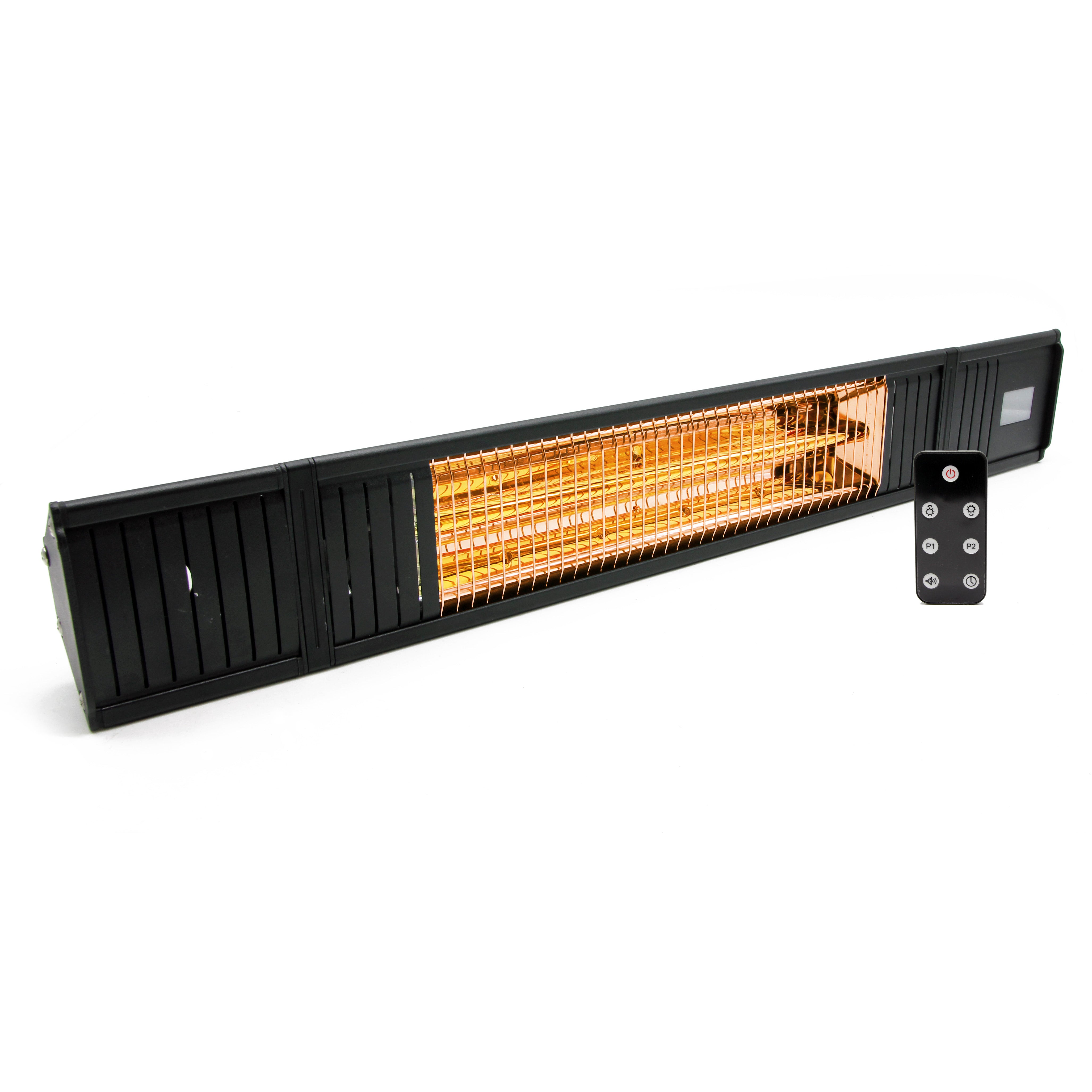 Black Heatbeat 2KW Infrared Outdoor Garden Heater next to its black remote against a white background