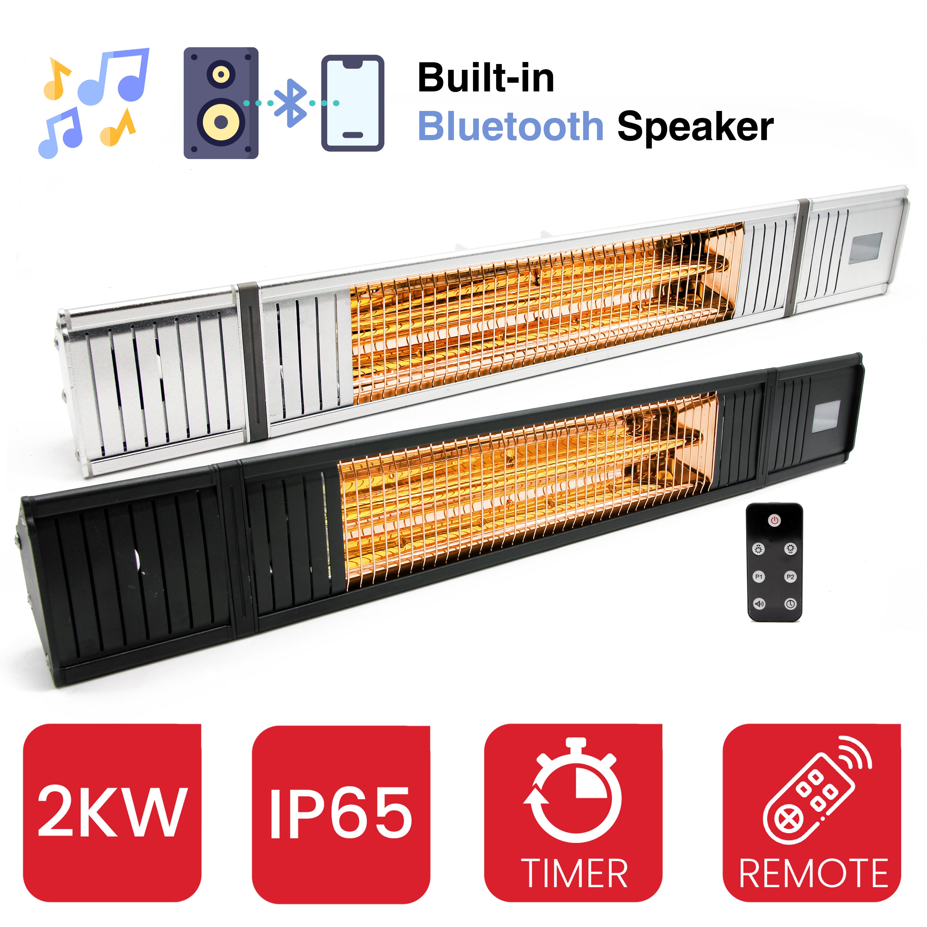 White and Black Heatbeat 2KW Infrared Outdoor Garden Heater with its black remote against a white background with red icons highlighting its 2KW power, IP65, timer, remote and bluetooth speaker functions