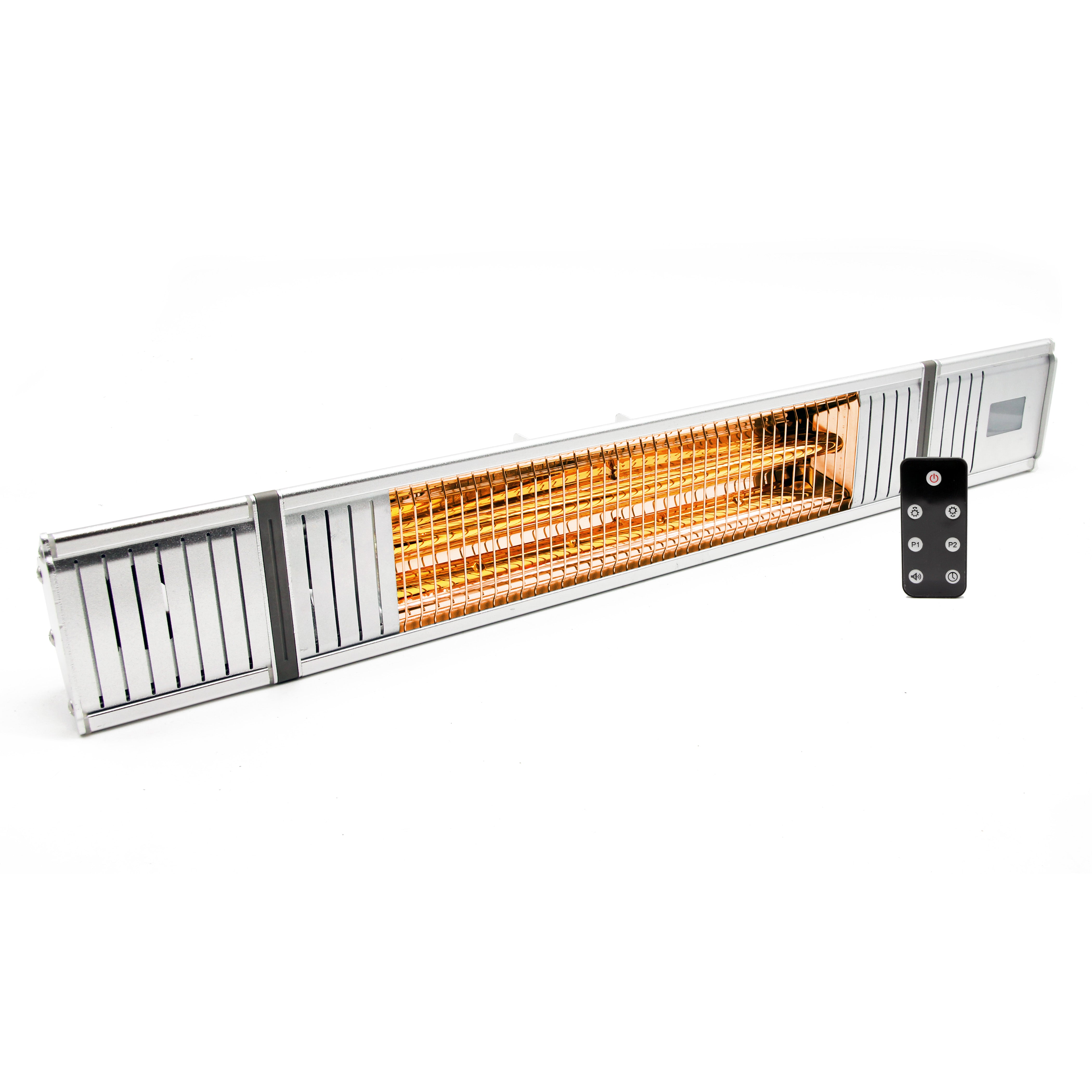White Heatbeat 2KW Infrared Outdoor Garden Heater with its black remote against a white background