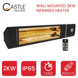 Load image into Gallery viewer, Black VA-20R 2KW Infrared Outdoor Garden Heater and accompany black remote in front of a white background with red icons promoting its 2KW power, IP65, timer and remote functions with the Castle Heaters logo and the caption &quot;wall mounted 2KW Infrared Heater&quot;