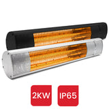 Load image into Gallery viewer, A white background with two KMH-20 2KW Infrared Outdoor Garden Patio Heater Wall Mounted Heaters in a black and silver finish. 