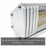 Load image into Gallery viewer, Close up of the silver VA-20R 2KW Infrared Outdoor Garden Heater casing with the caption &quot;strong durable housing anodised and made from extruded aluminium alloy&quot;