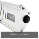 Load image into Gallery viewer, Close up of the silver VA-20R 2KW Infrared Outdoor Garden Heater&#39;s of/off switch with the caption &quot;side on/off rocker switch&quot;