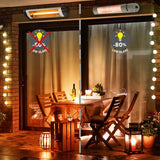 Load image into Gallery viewer, Outdoor stone patio area at night lit with fairy lights surrounding a wooden table with a set of four chairs. A side by side image is seen comparing the -80% low glare of the KMH-20R 2KW Wall Mounted Infrared Outdoor Heater to a competitor brand.
