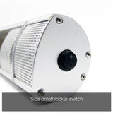 Load image into Gallery viewer, Close up of the silver KMH-20R 2KW Wall Mounted Infrared Outdoor Heater off/on switch with the caption &quot;side on/off rocker switch&quot;