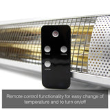 Load image into Gallery viewer, Close up of the Silver KMH-20R 2KW Wall Mounted Infrared Outdoor Heater with its black remote control and the caption &quot;remote control functionality for easy change of temperature and to turn on/off&quot;