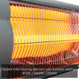 Load image into Gallery viewer, Close up of the KMH-2500R 2.5KW Free Standing Infrared Heater heating element with the caption &quot;quartz tube heating elements with 3 power settings 850W / 1650W / 2500W&quot;