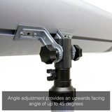 Load image into Gallery viewer, Close up of the KMH-3000R 3KW Free Standing Infrared Heater&#39;s angle adjustment joint tilted upwards with the caption &quot;angle adjustment provides an upwards facing angle of up to 45 degrees&quot;