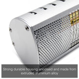 Load image into Gallery viewer, Close up of the silver KMH-30 3KW Infrared Wall Mounted Outdoor Garden Heater&#39;s casing with the caption &quot;strong durable housing anodised and made from extruded aluminium alloy&quot;
